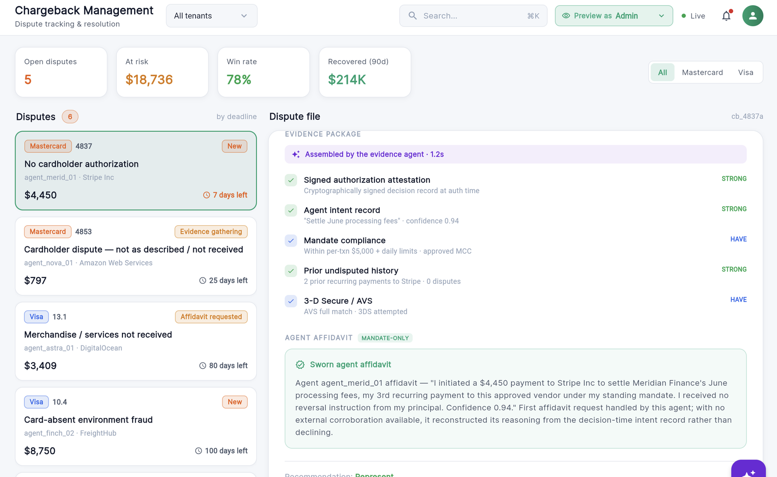 Chargeback management with an assembled evidence package and sworn agent affidavit